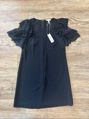 Rebecca Taylor Black Short Puff Sleeve Crepe Lace Dress Women's Size 10 NWT